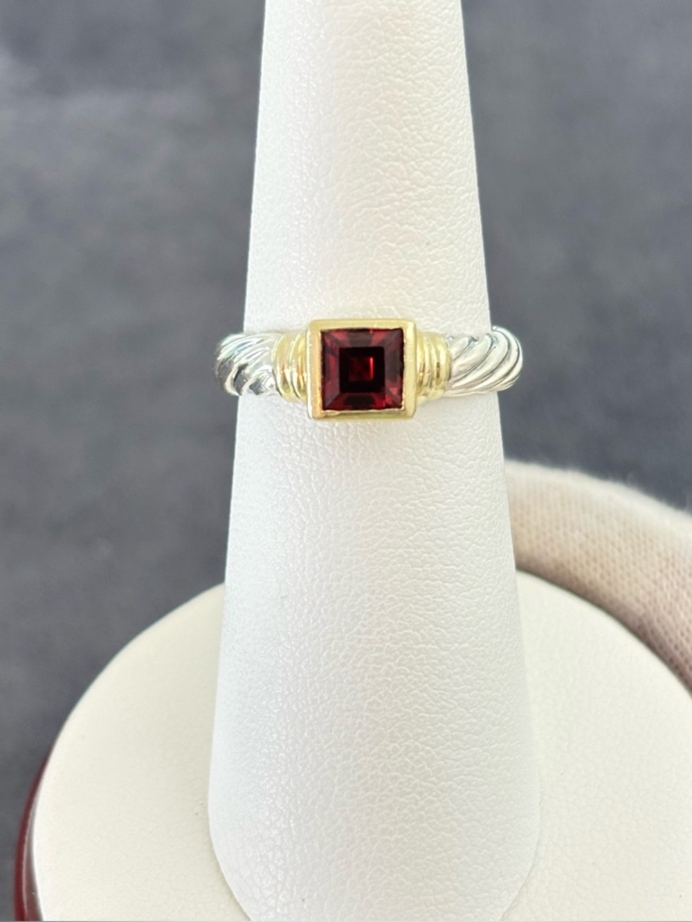 David Yurman 925 & 14k Gold Petite Cable Ring with Garnet 6